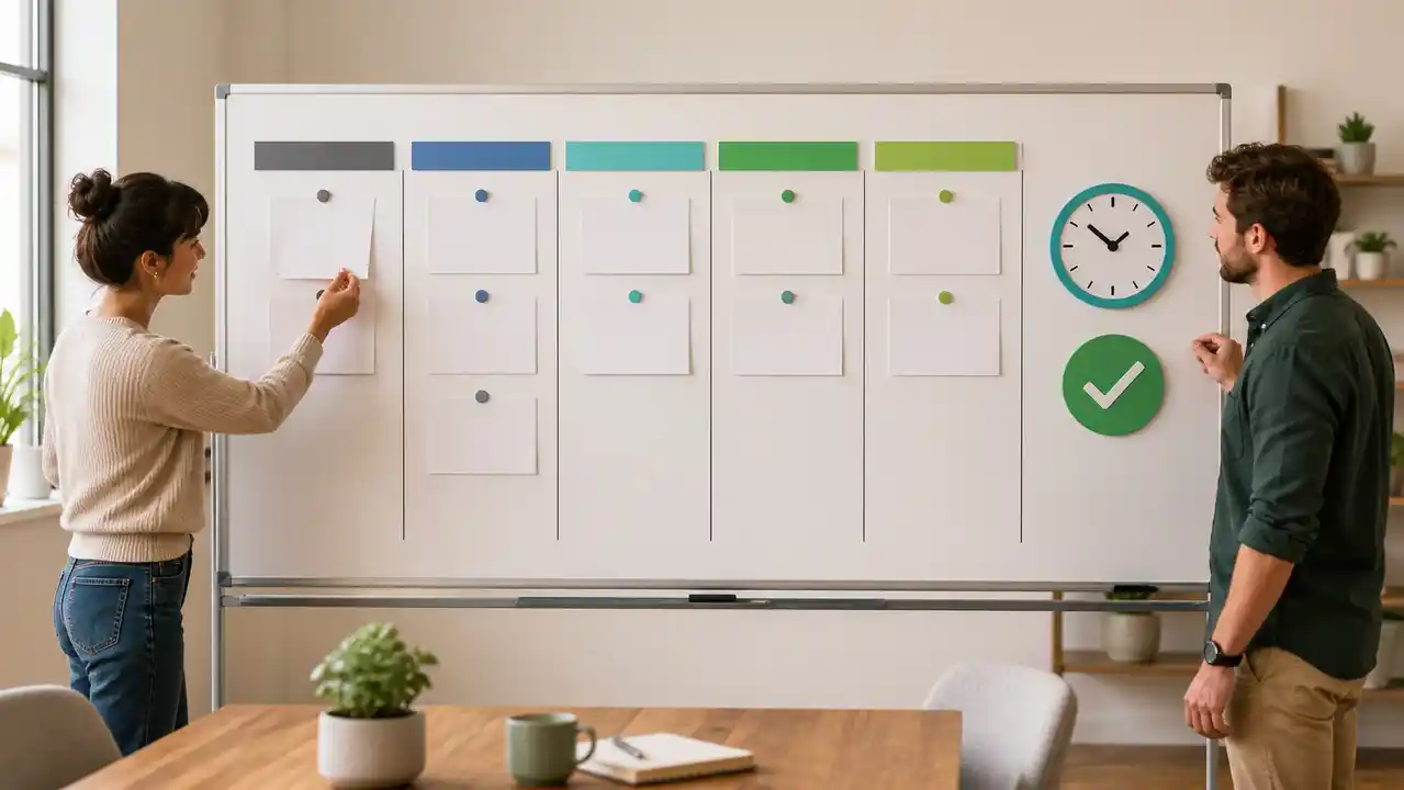 Equipo revisando un tablero Kanban de pipeline de ventas