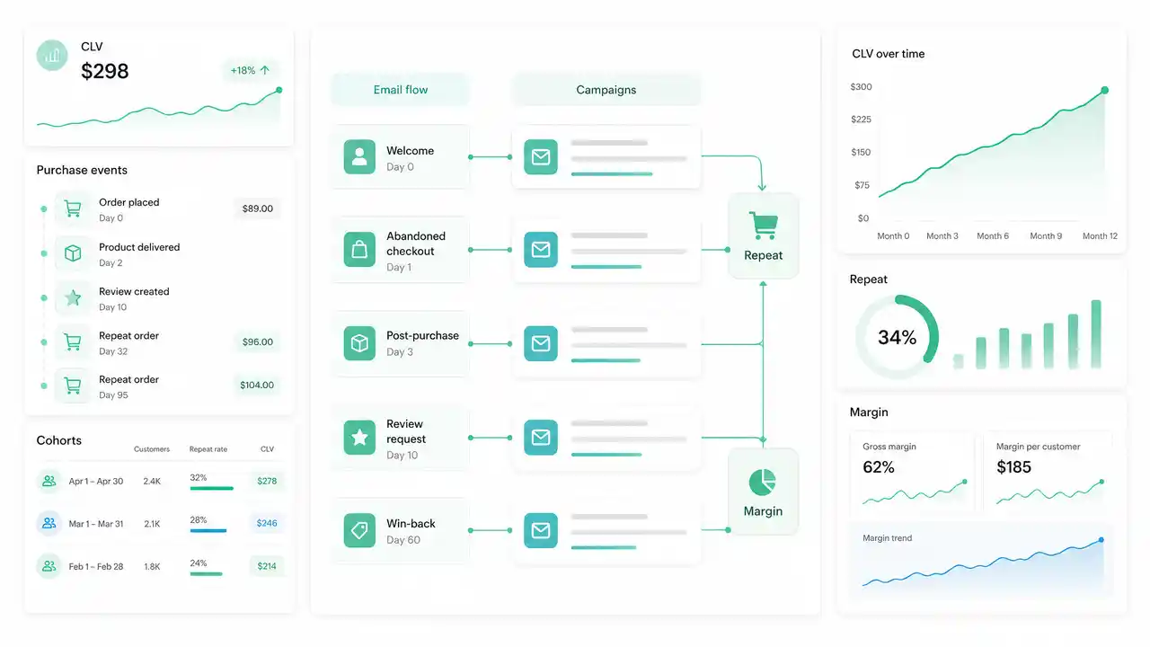 Dashboard de email marketing ecommerce con cohortes, recompra y valor de cliente
