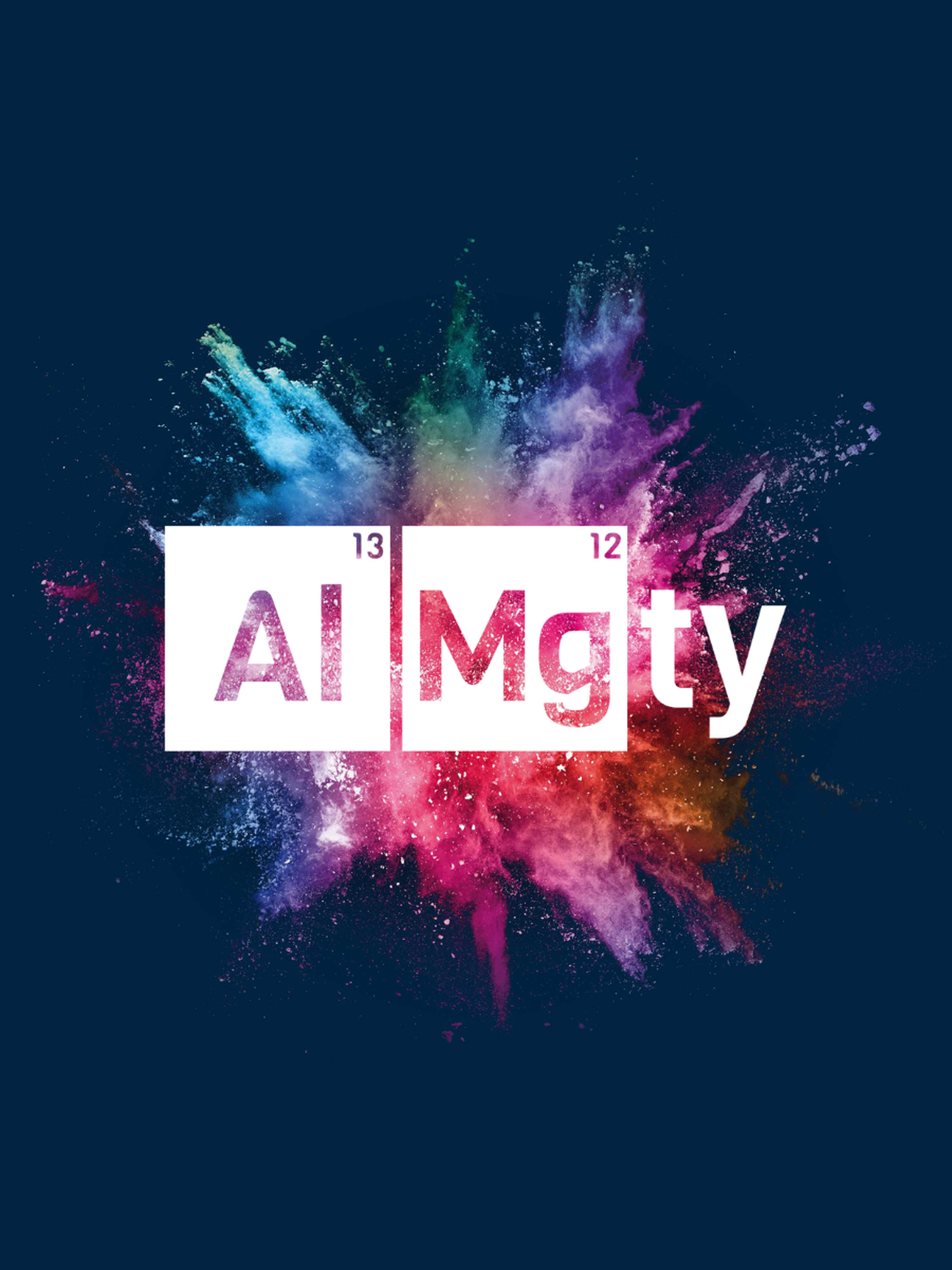 AlMgty® logo integrated with a vibrant metallic powder explosion, symbolizing high-performance aluminum-magnesium alloy innovation