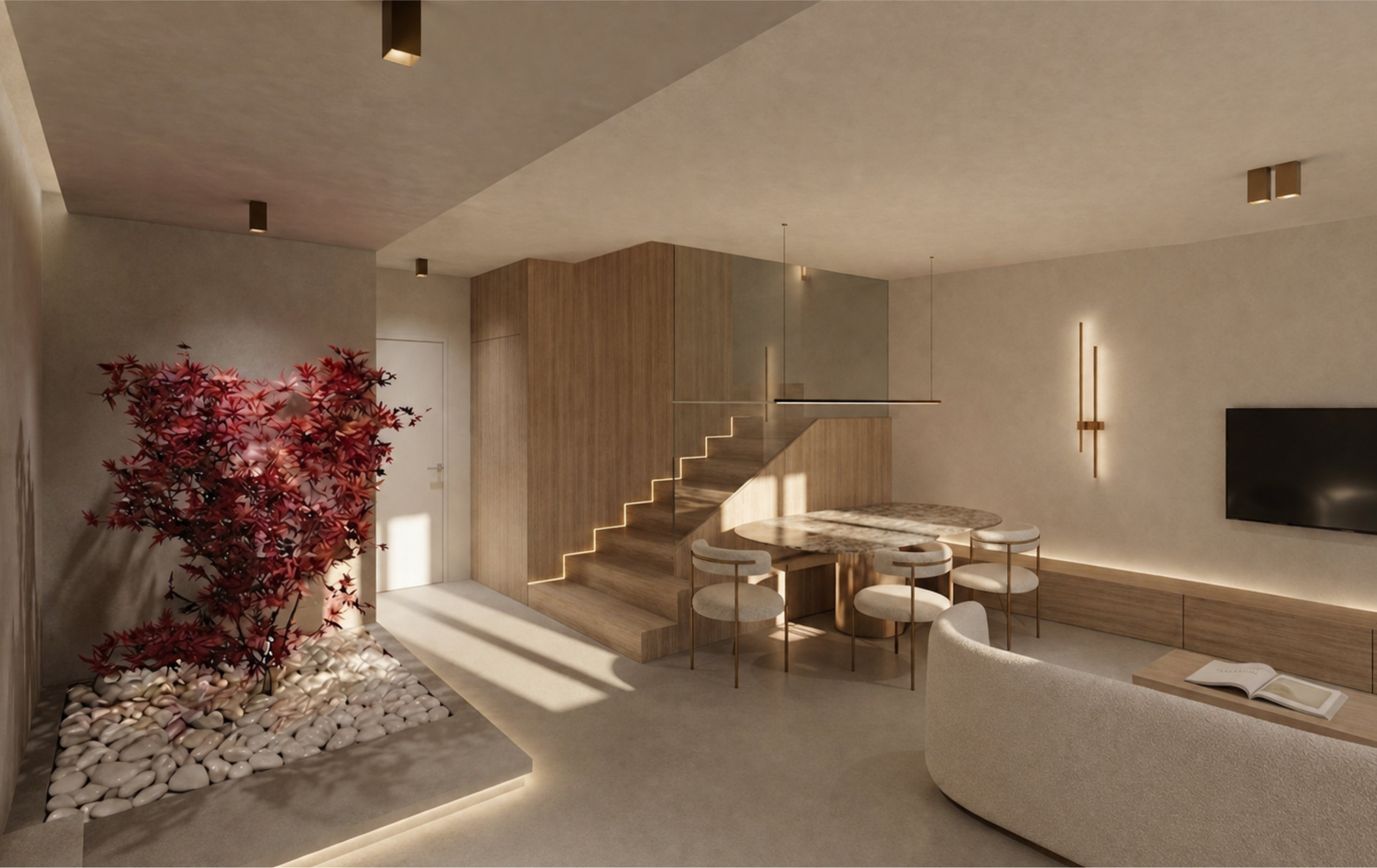 Zona giorno moderna con giardino zen indoor, scala in legno con parapetto in vetro e tavolo da pranzo