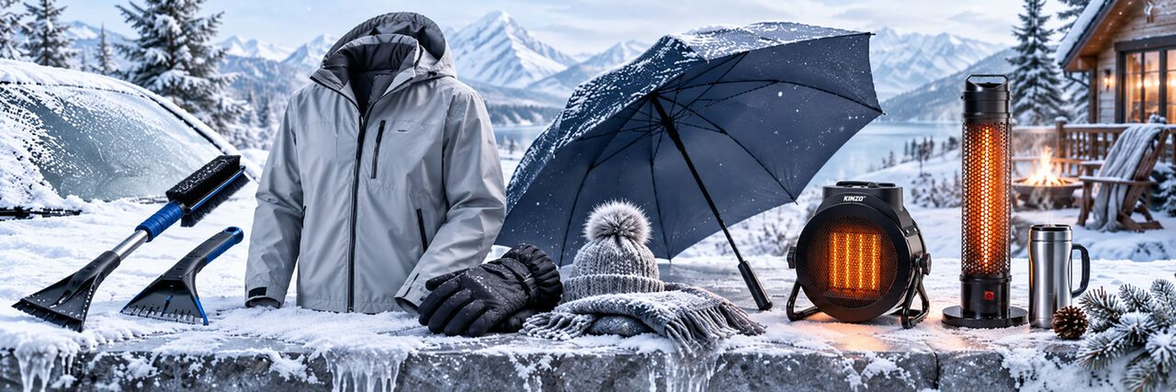 Winter gear on a snowy surface includes a jacket, umbrella, gloves, hat, ice scrapers, heaters, and thermos, set against a mountain backdrop.