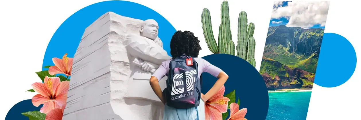 collage of a student with an EF backpack, Martin Luther King Jr statue, flowers