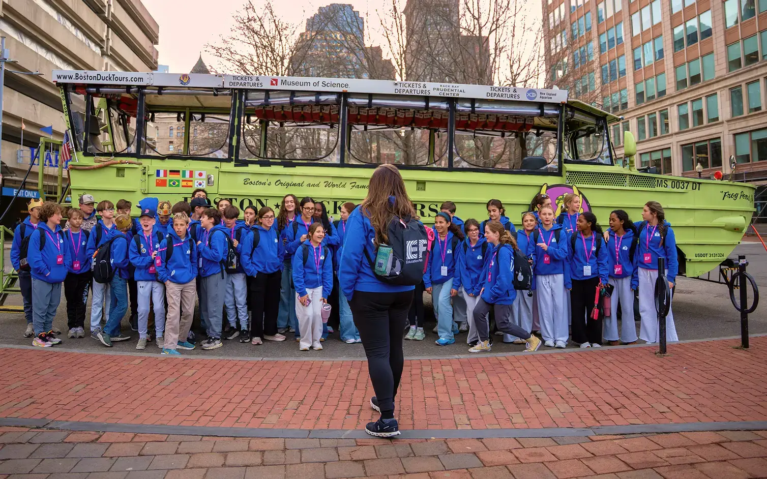 Students and their teacher on a duck boat tour in Boston, MA