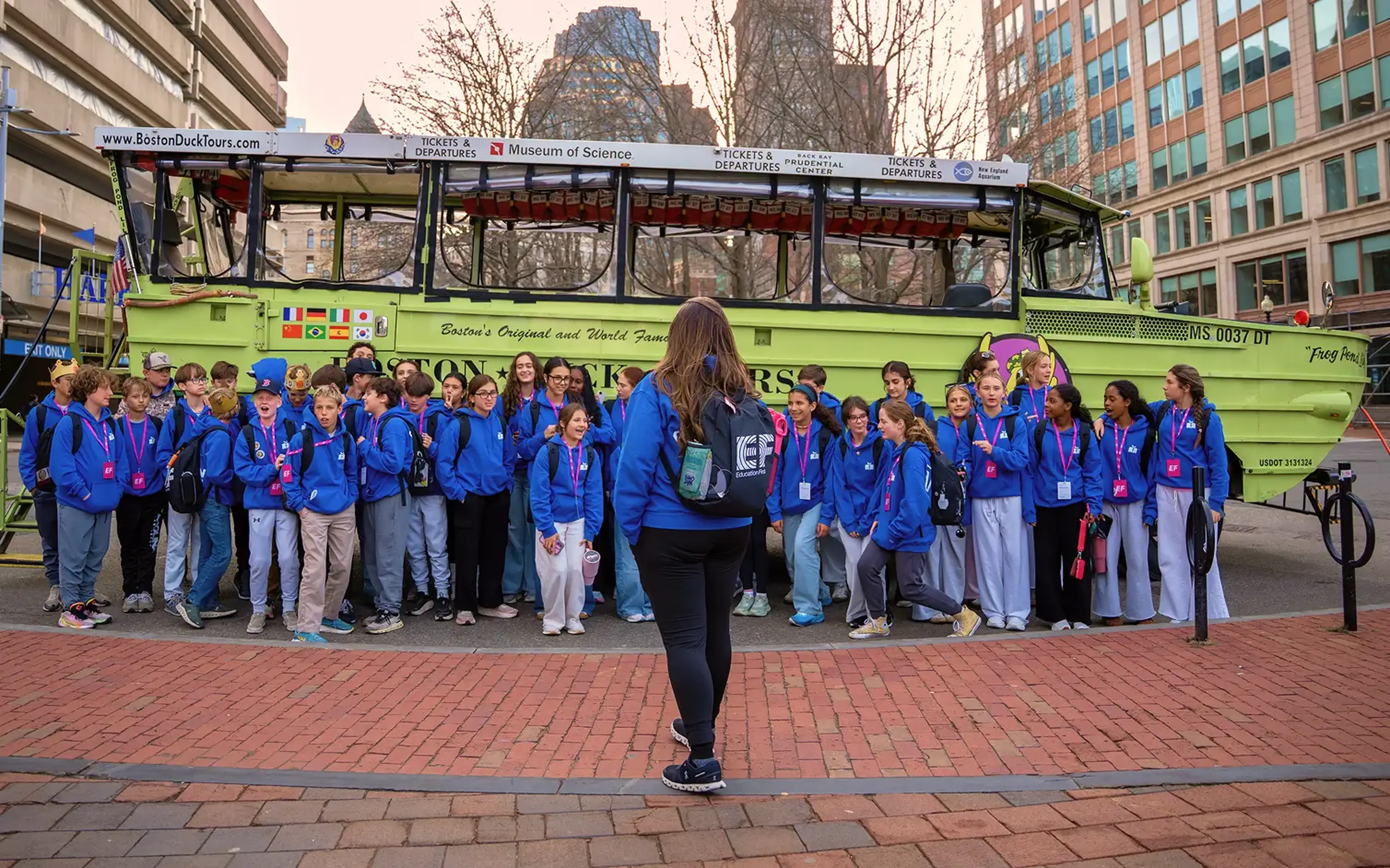 Students and their teacher on a duck boat tour in Boston, MA