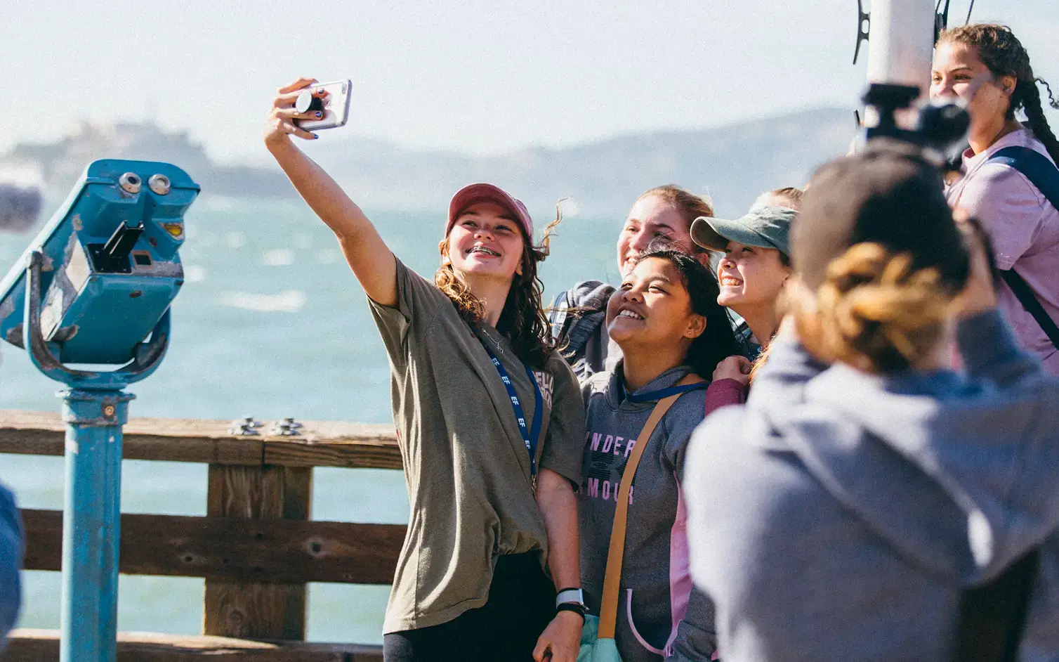 Students taking selfie on tour in California
