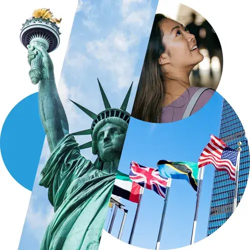 collage students statue of liberty and UN flags