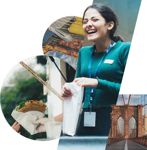 collage of student on tour with food carts and the brooklyn bridge
