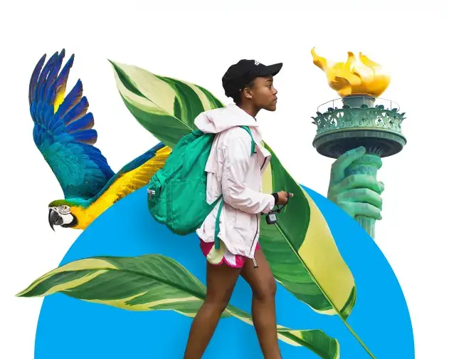 collage of a student and the torch of the statue of liberty