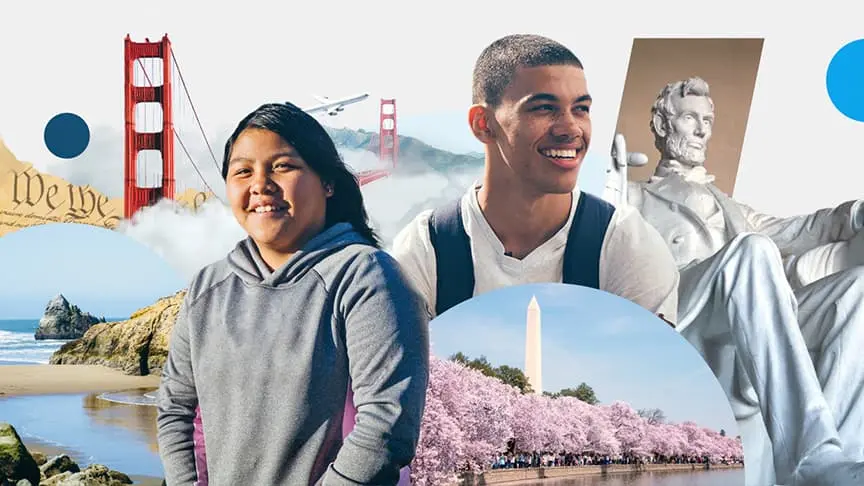 collage with students, cherry blossoms in DC, golden gate bridge, abraham lincoln