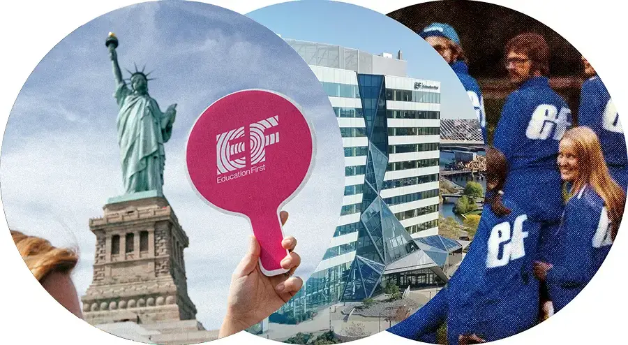 Collage showing an EF Tour Director holding an EF sign in front of the Statue of Liberty