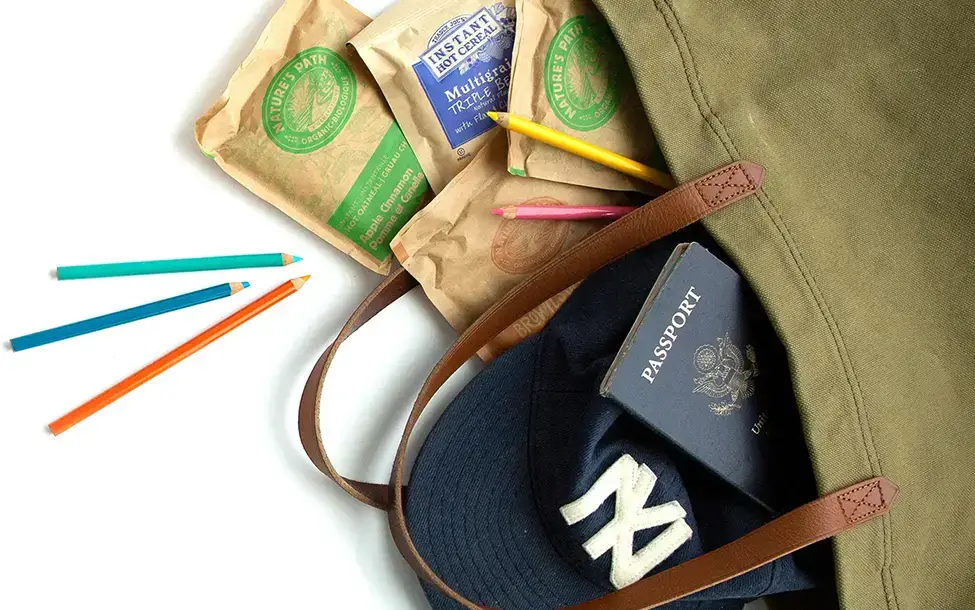 bag with passport, hat, and other supplies