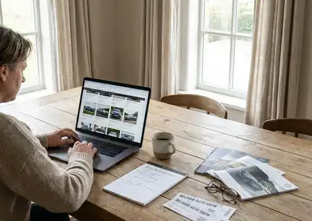 Man bereidt zijn autosalonbezoek voor aan een houten tafel met laptop vol auto-aanbiedingen, autobrochures, een checklist en tickets voor het Belgische autosalon