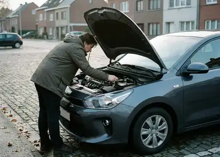 Man buigt zich onder de open motorkap van een grijze auto die niet start, geparkeerd langs een straat met kasseien en rijhuizen in de herfst
