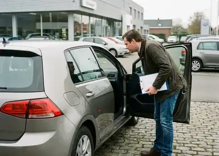 Man met een klembord buigt zich door het open portier van een grijze hatchback om het interieur te controleren voor een proefrit, op de parking van een autodealer
