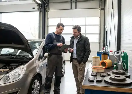 Mechanieker overloopt op een tablet de kosten van een groot onderhoud met een klant in de werkplaats, naast een auto met open motorkap en een werkbank met remschijven, remblokken, filters en olie