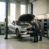 Mechanieker controleert met een zaklamp de motor van een grijze break op de brug in de werkplaats, terwijl de eigenaar meekijkt tijdens het onderhoud