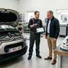 Mechanieker bespreekt de onderhoudsbeurt van een Citroën C3 met een klant naast de werkbank met nieuwe remschijven en filters