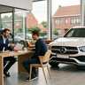 Verkoper bespreekt een offerte met een klant aan het bureau in een showroom naast een witte Mercedes-Benz GLC