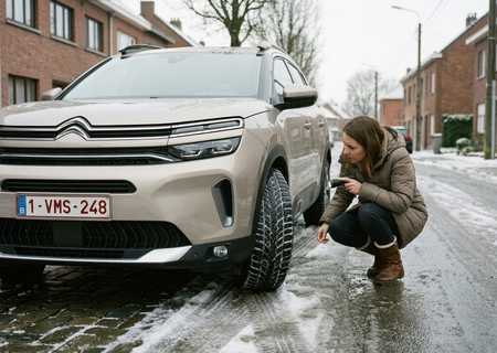 Vrouw controleert met een zaklamp de profieldiepte van de winterbanden van haar Citroën C5 Aircross in een besneeuwde straat