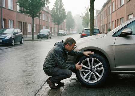 Man controleert de band en remschijf van zijn Opel Astra op een regenachtige ochtend in een Vlaamse straat