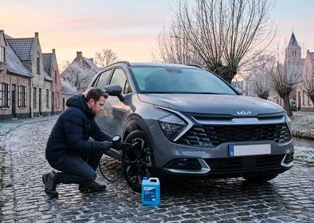Man controleert de bandenspanning van zijn Kia Sportage op een ijzige winterochtend in een Vlaamse dorpsstraat