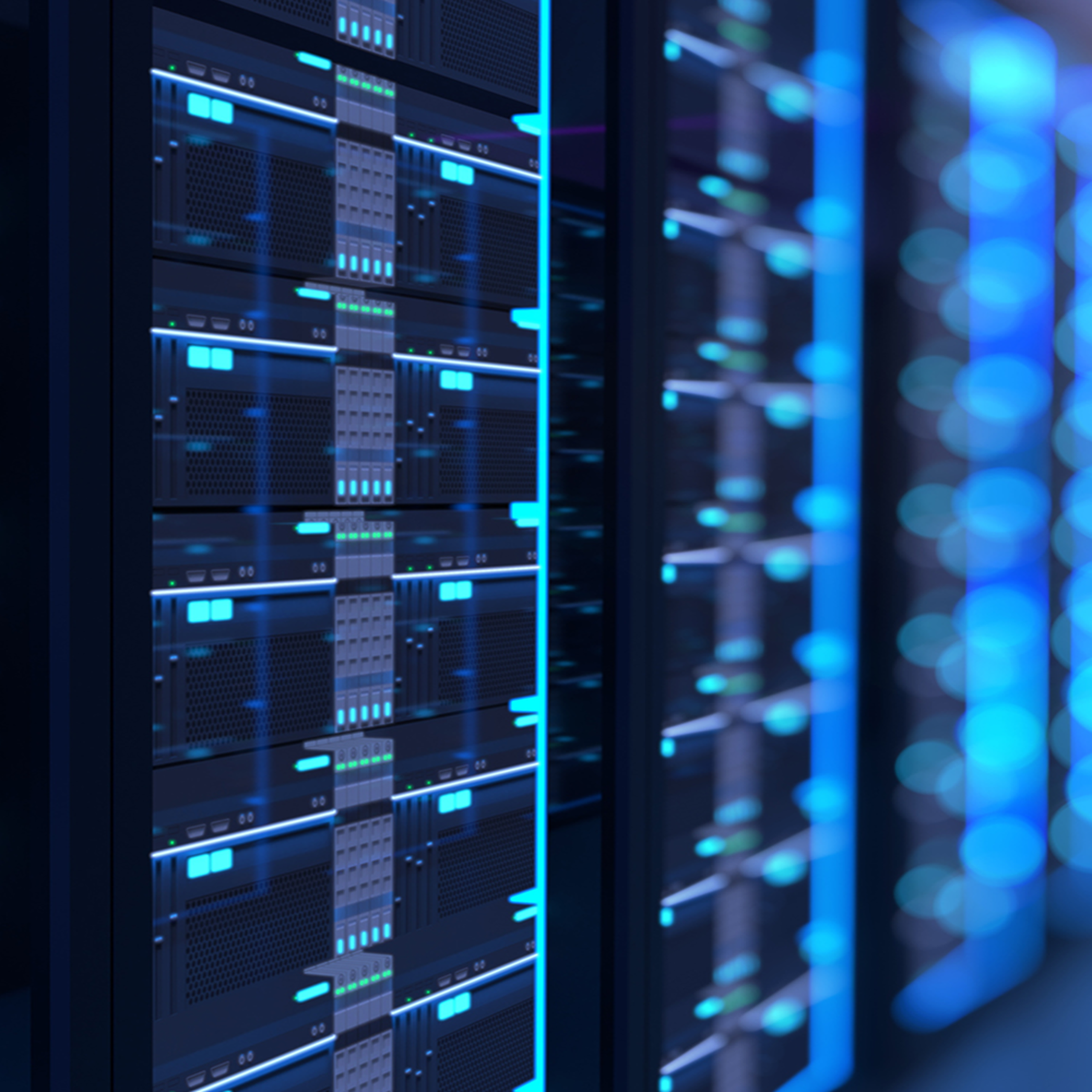 Close-up of illuminated server racks in a data center, showcasing blue and green lights on black hardware in a dimly lit environment.