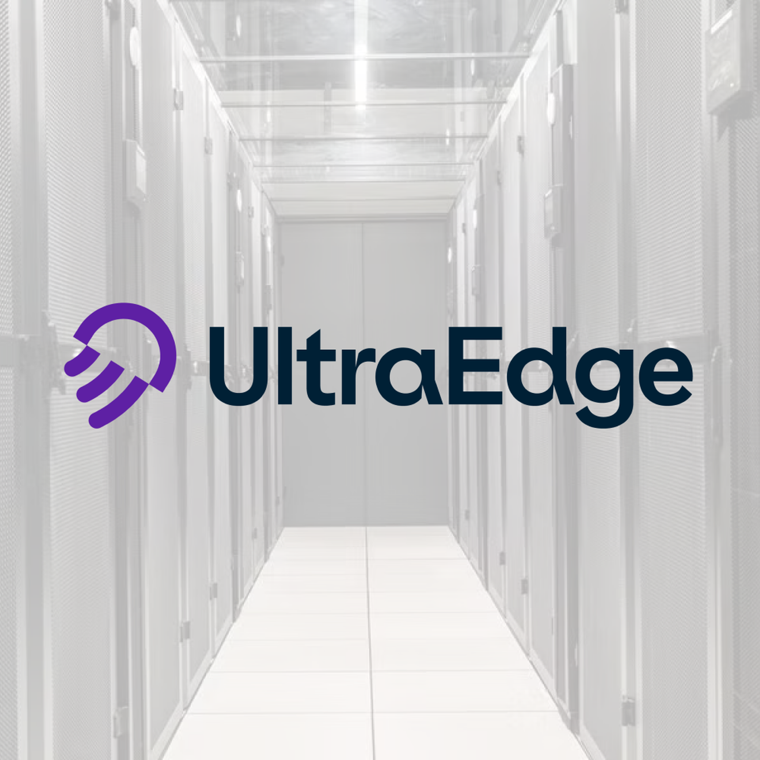 A corridor in a server room with the logo "UltraEdge" overlayed, featuring a stylized purple icon.