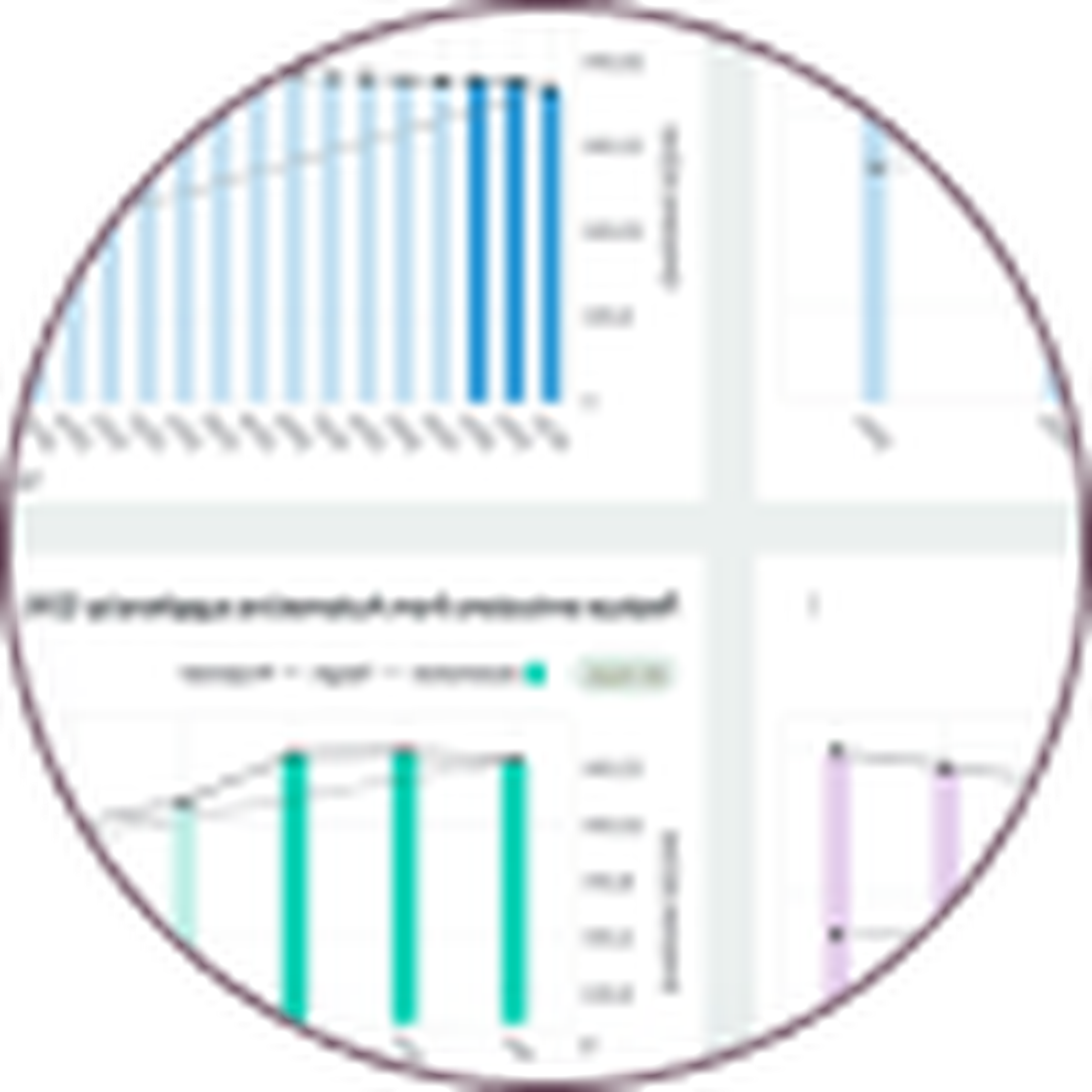 Dashboard with bar and line graphs with different colors, showcasing data trends and statistics.