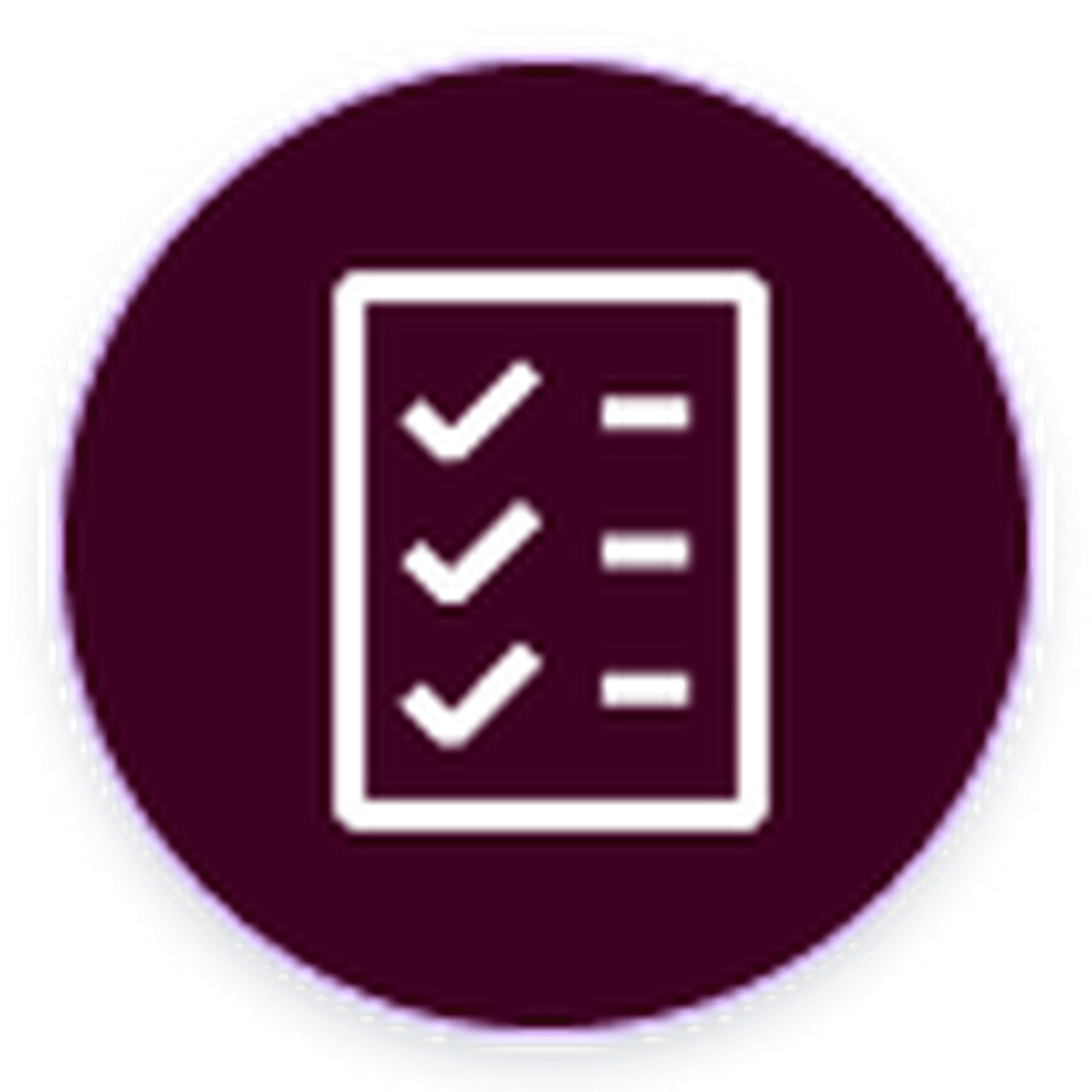 A circular icon with a checklist symbol, featuring three checked items on a piece of paper against a purple background.