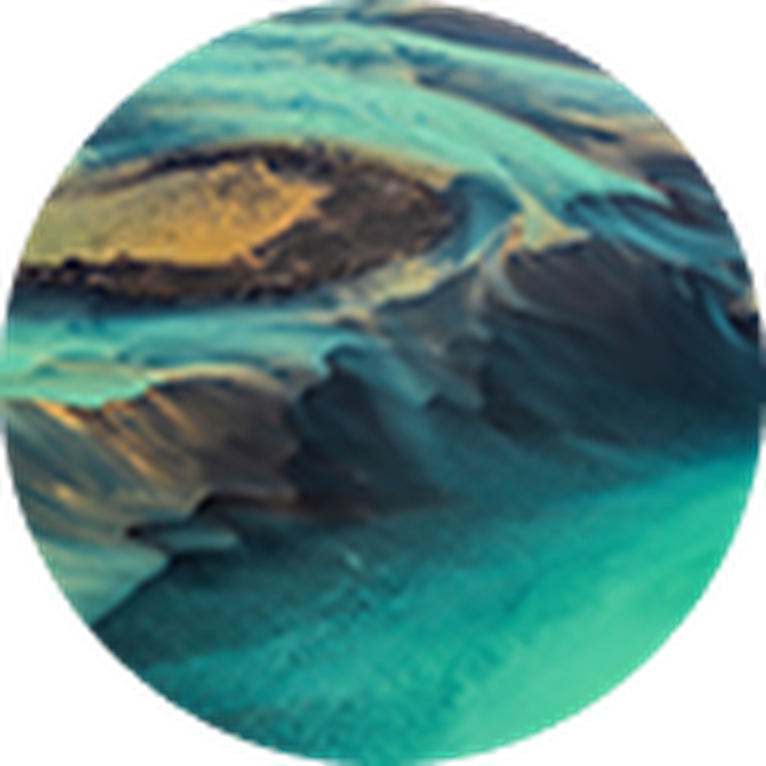 A round crop of a vibrant, abstract landscape with swirling turquoise and brown patterns