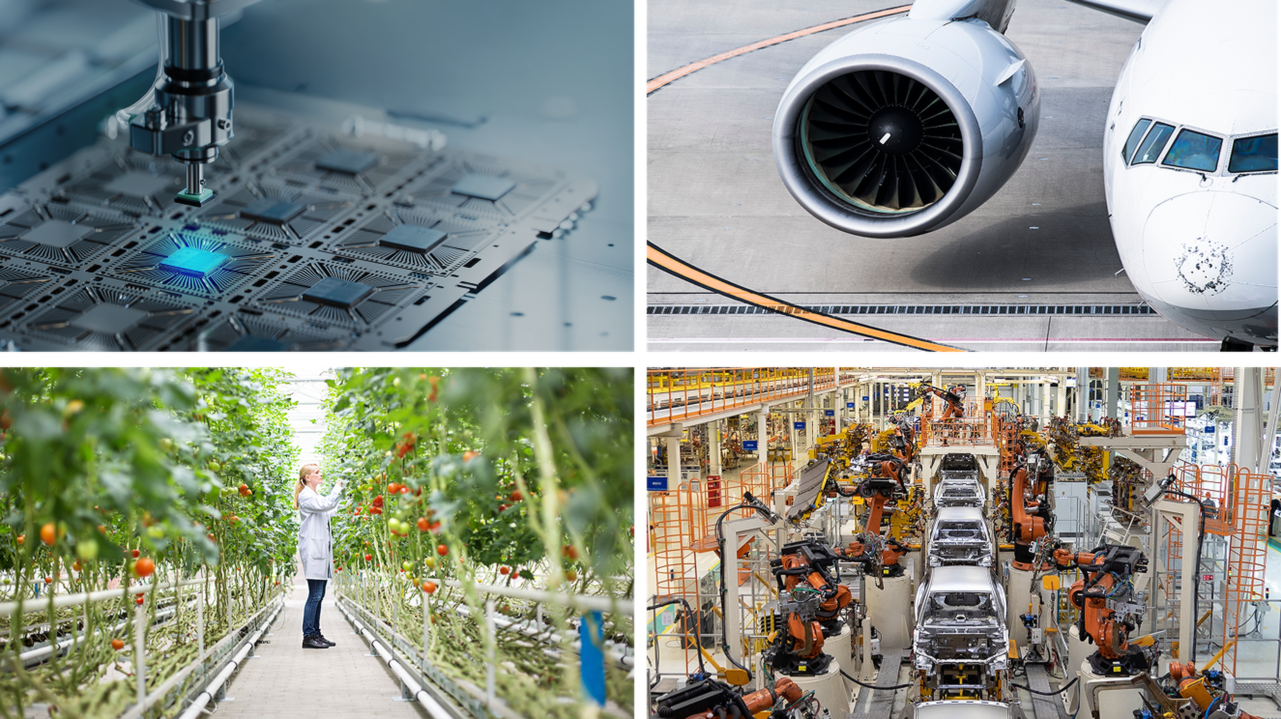 Collage of technology: microchip manufacturing, airplane on tarmac, woman in a greenhouse, and automotive assembly line with robots.