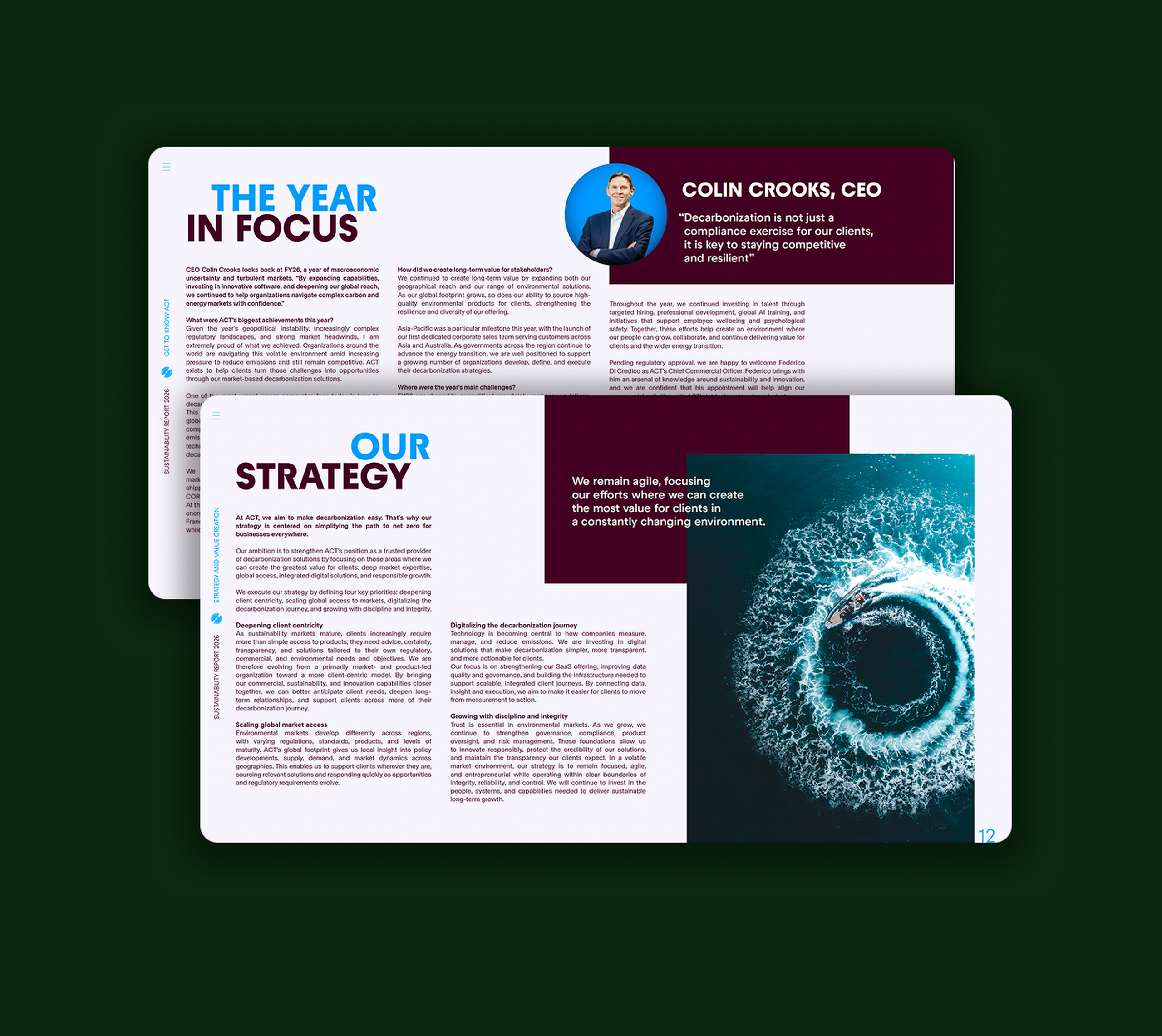 Two-page magazine layout titled "The Year in Focus" and "Our Strategy," featuring a CEO's message, strategy details, and an ocean whirlpool image.