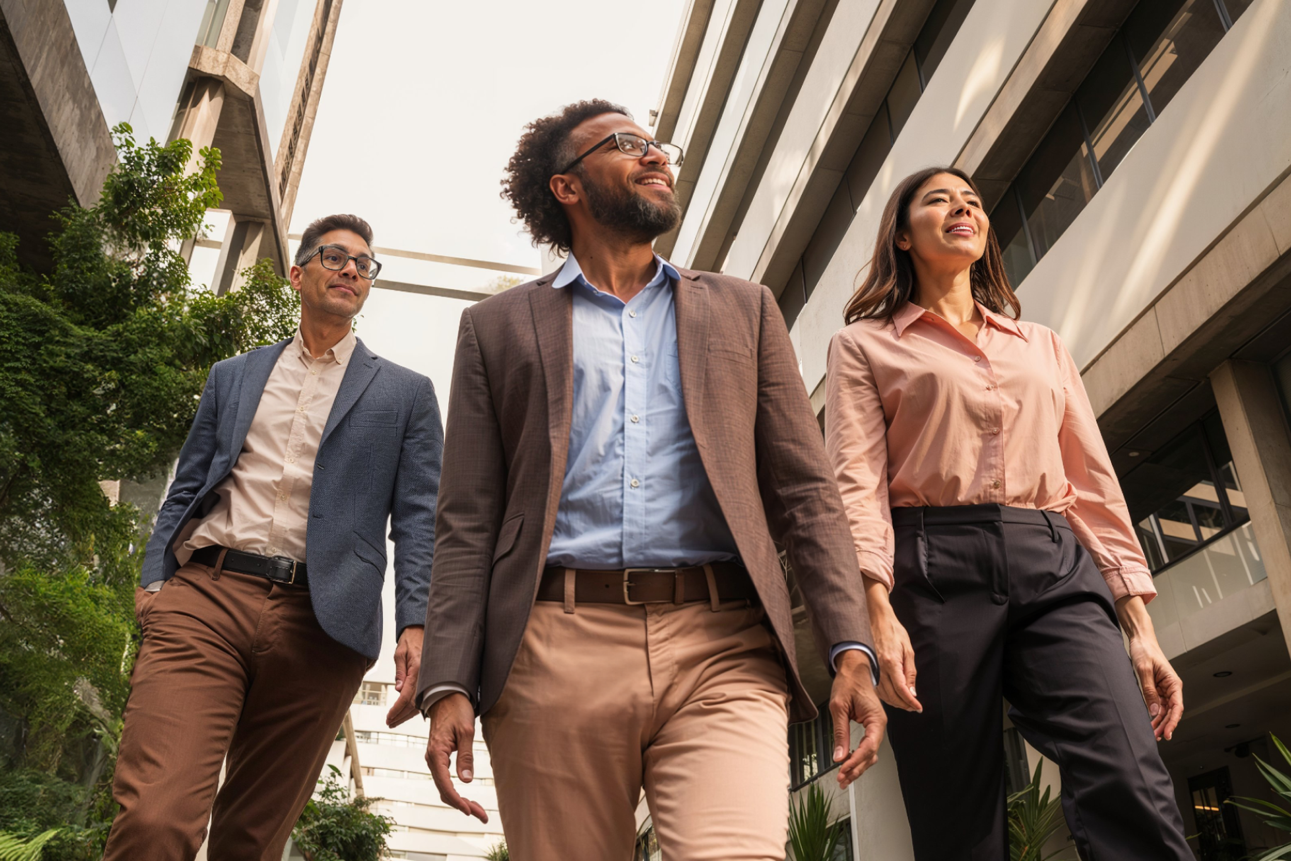 Three professionals walk confidently outdoors between modern office buildings