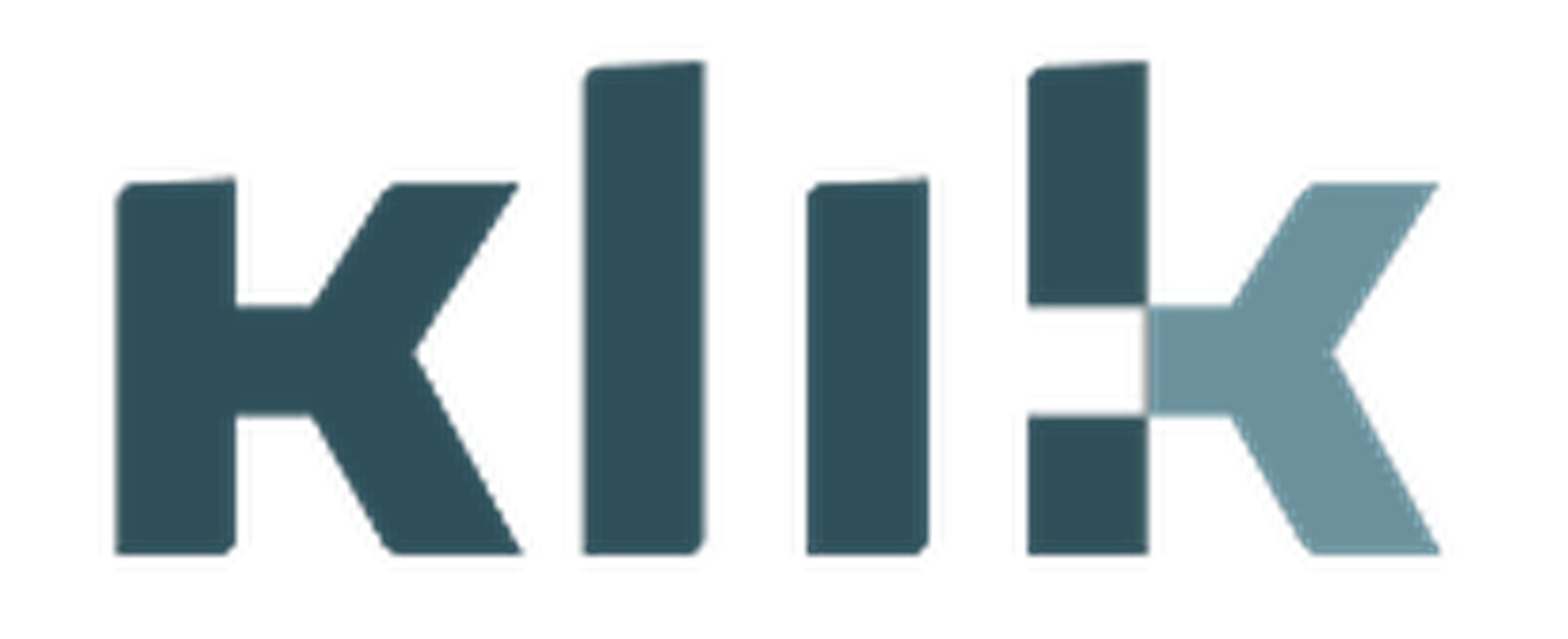 logo spelling "klik" in dark blue shades.