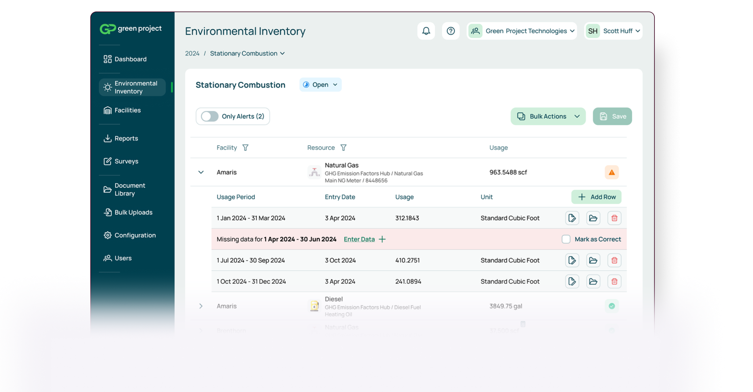 A software interface displaying an environmental inventory report with data tables for stationary combustion, including usage, dates, and resources.
