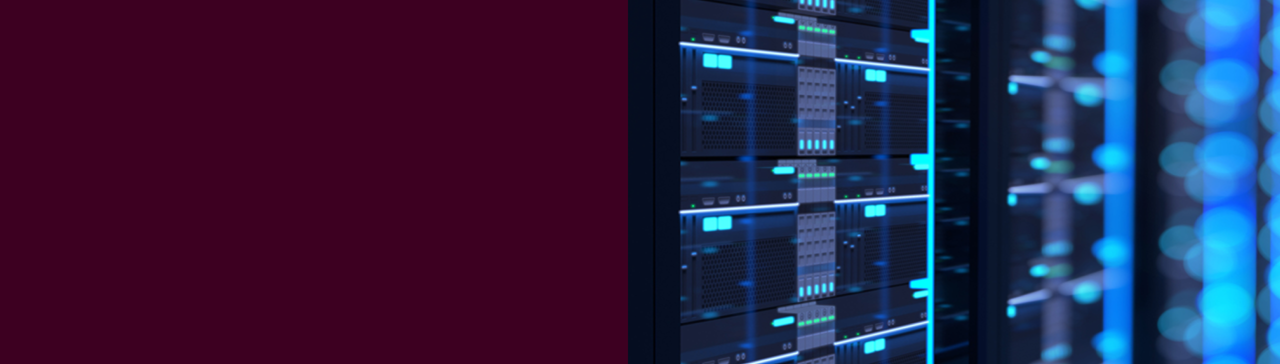 Close-up of servers in a data center, illuminated with blue lights, with server racks visible on the right and a plain burgundy area on the left.