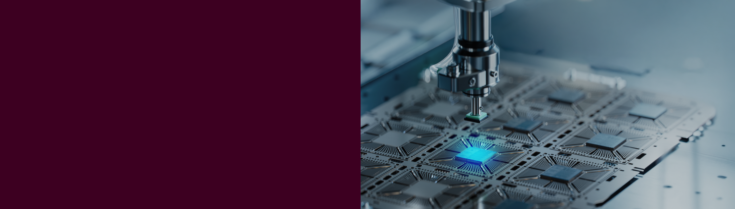 Close-up of a microchip under a robotic arm on a semiconductor manufacturing machine, with a glowing blue chip in focus.