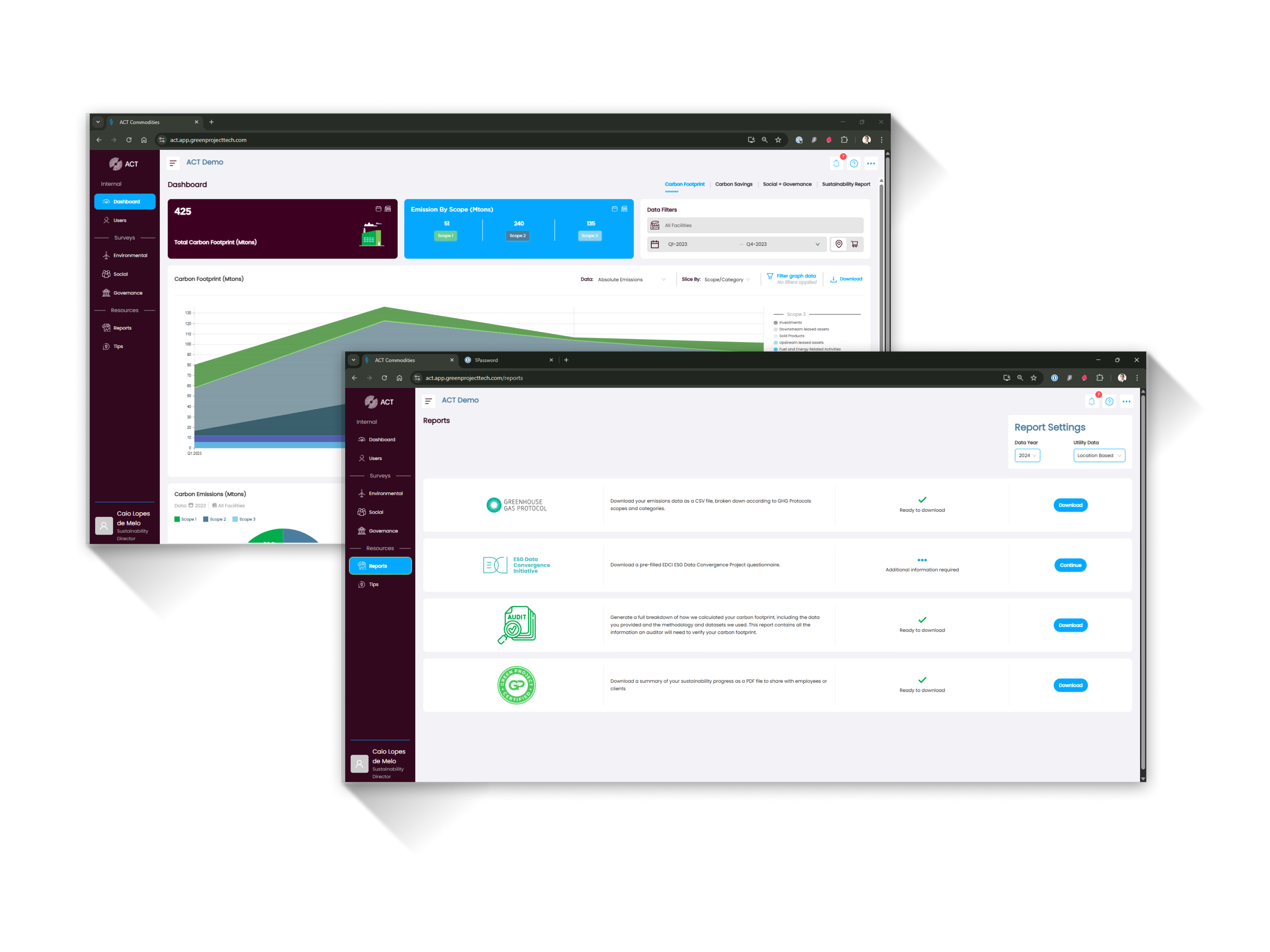 Two overlapping computer screens display dashboard analytics and report settings with graphs and icons on a software interface.