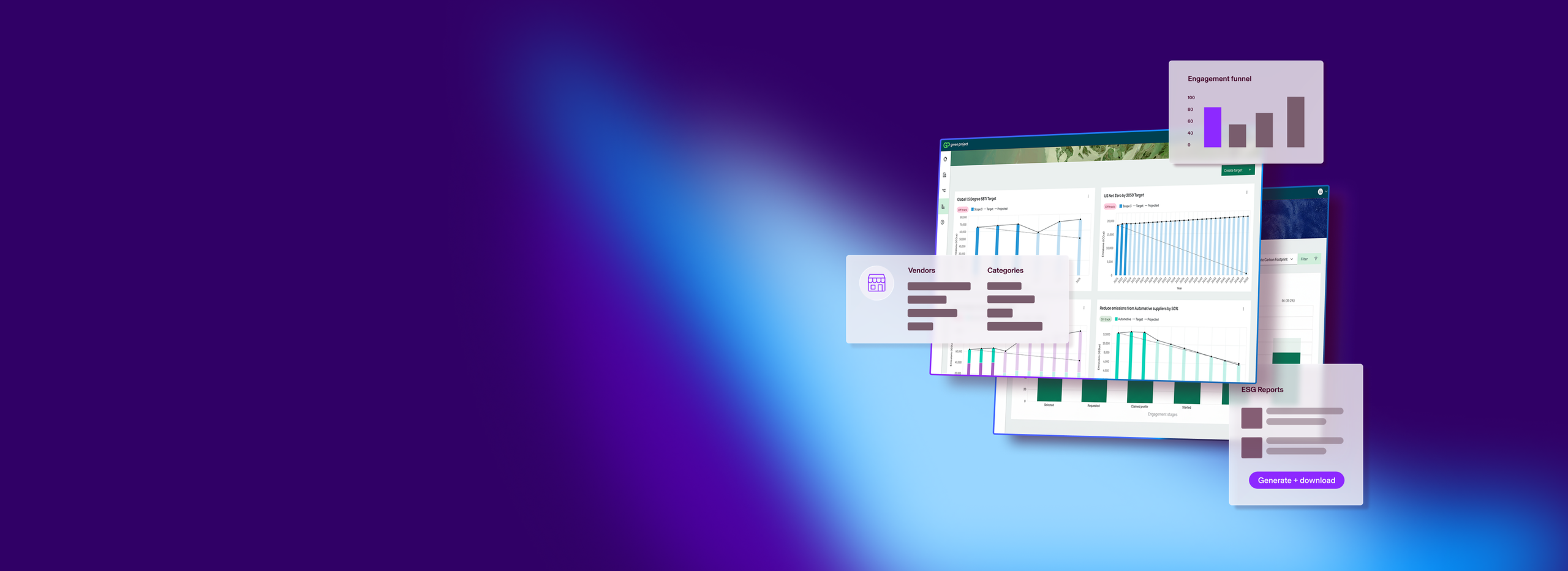 Overlapping digital charts and graphs on a purple and blue gradient background, displaying data and analytics.