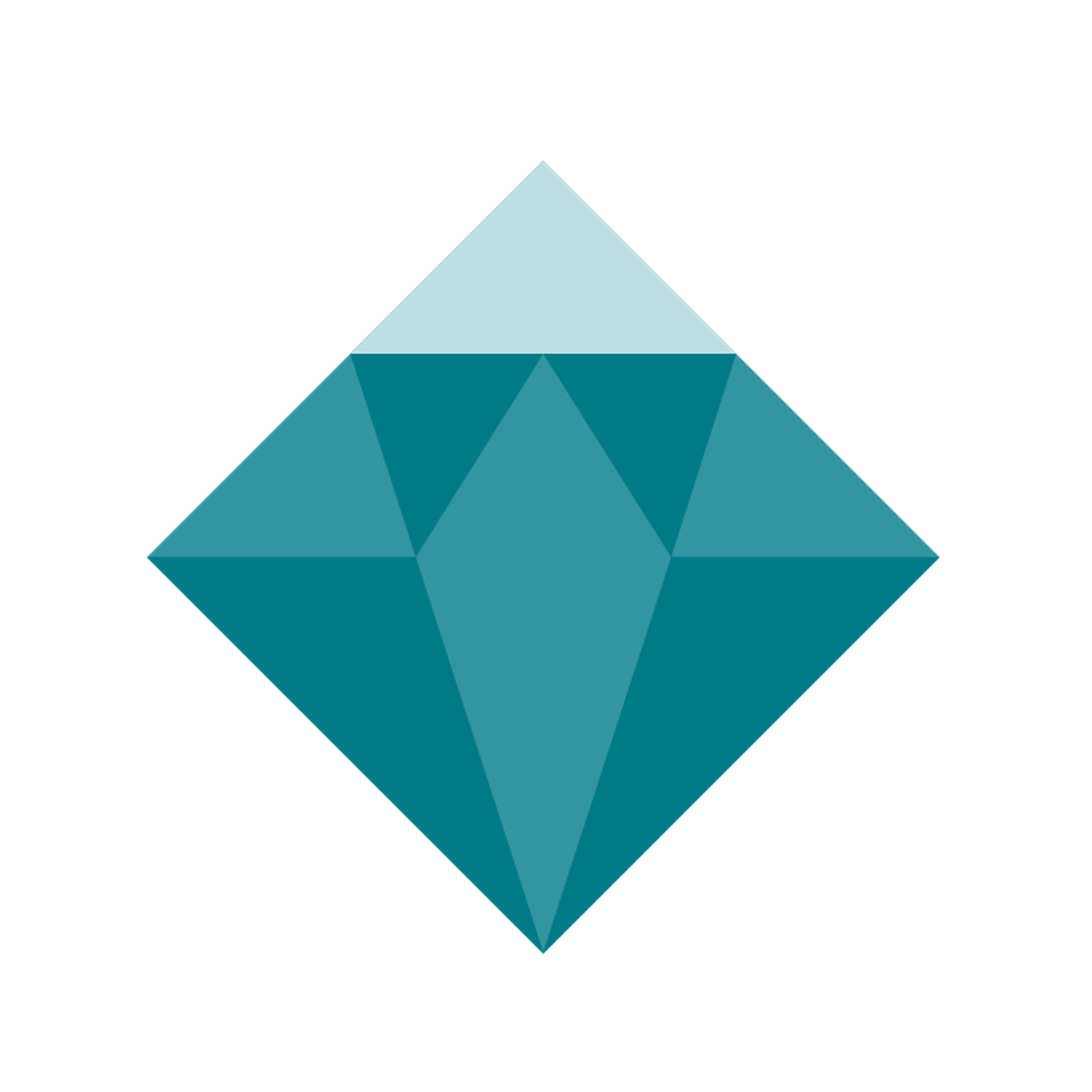 Geometric diamond shape with varying shades of blue and teal triangles forming a symmetrical pattern.