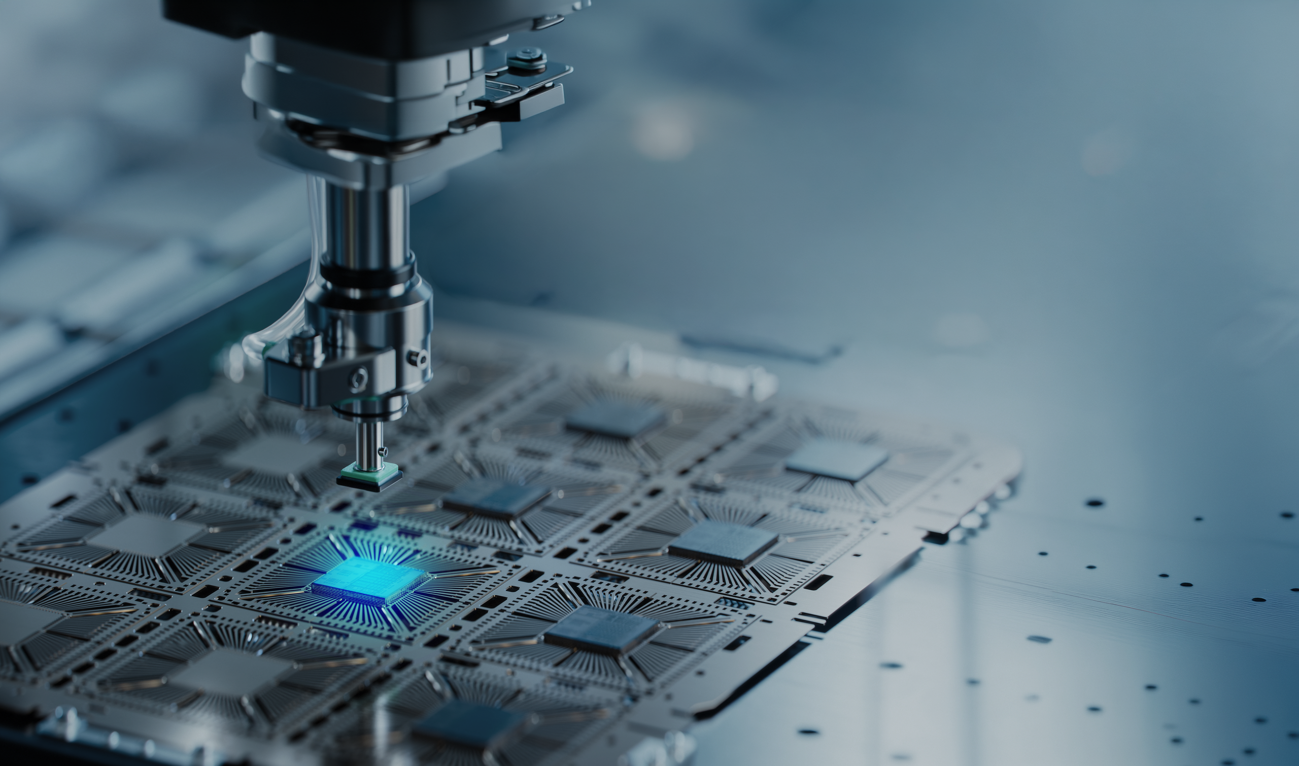 A robotic arm assembles a microchip on a circuit board, highlighting a glowing blue chip, in a technology-focused environment.