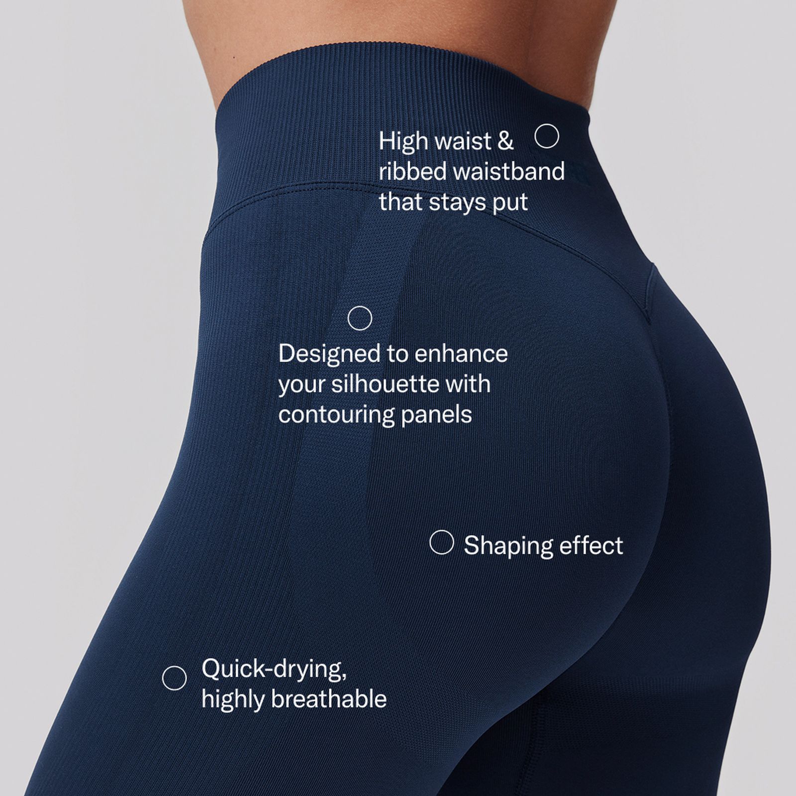 A close-up of a person wearing navy blue high-waisted leggings with text highlighting the ribbed waistband, contouring panels, and shaping effect.