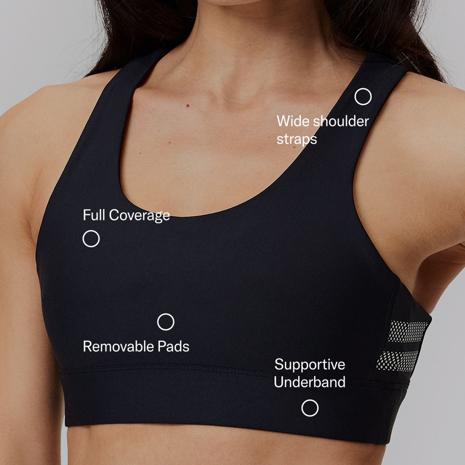 Close-up of a sports bra highlighting features: wide shoulder straps, full coverage, removable pads, supportive underband.