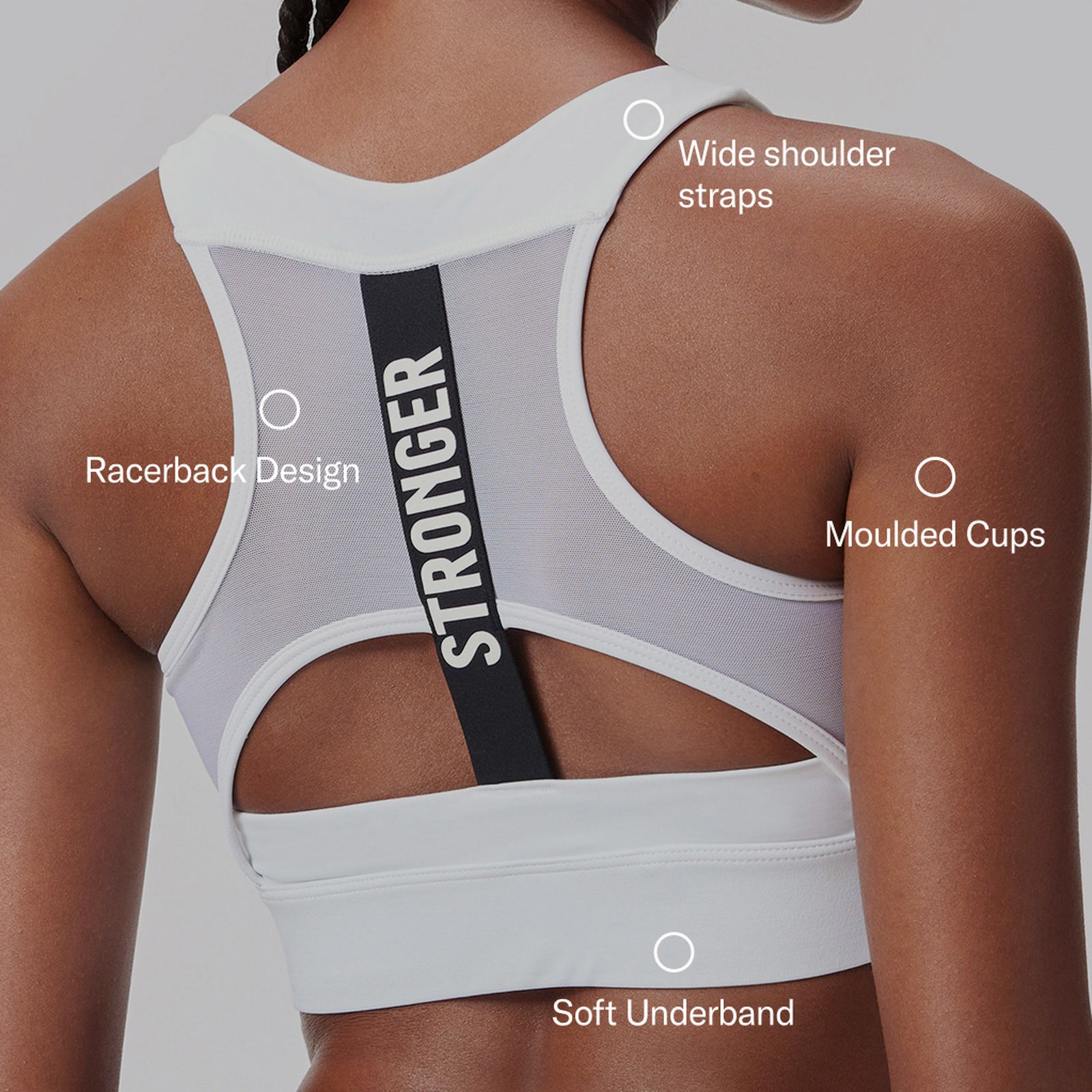 Back view of a white sports bra with racerback design, wide straps, molded cups, soft underband, and mesh detail featuring the word "STRONGER."