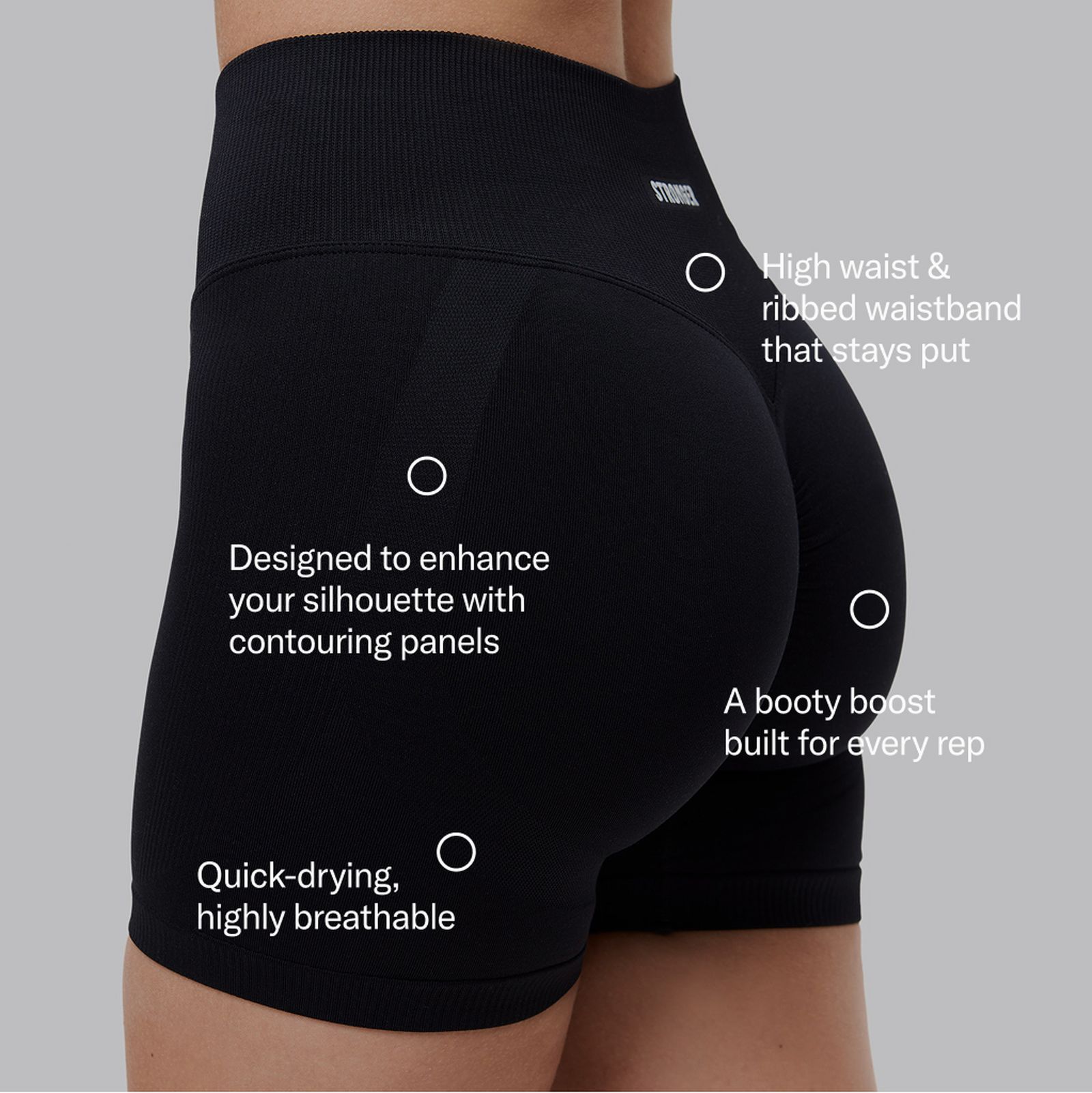 Black high-waisted athletic shorts with contouring panels, designed for silhouette enhancement, breathability, and support during workouts.