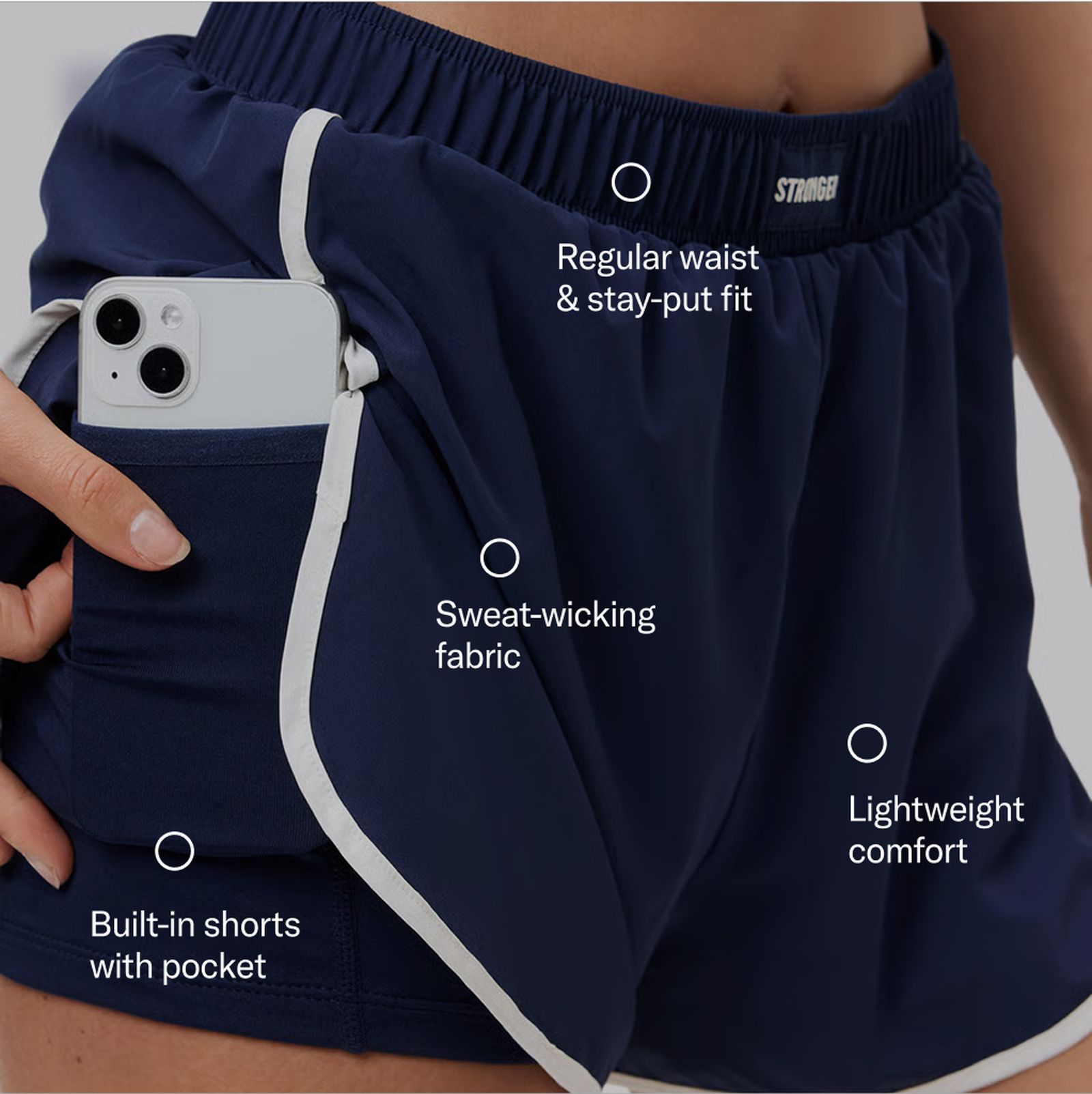 Close-up of blue athletic shorts with a phone pocket. Features include sweat-wicking fabric, regular waist, built-in shorts, and lightweight comfort.