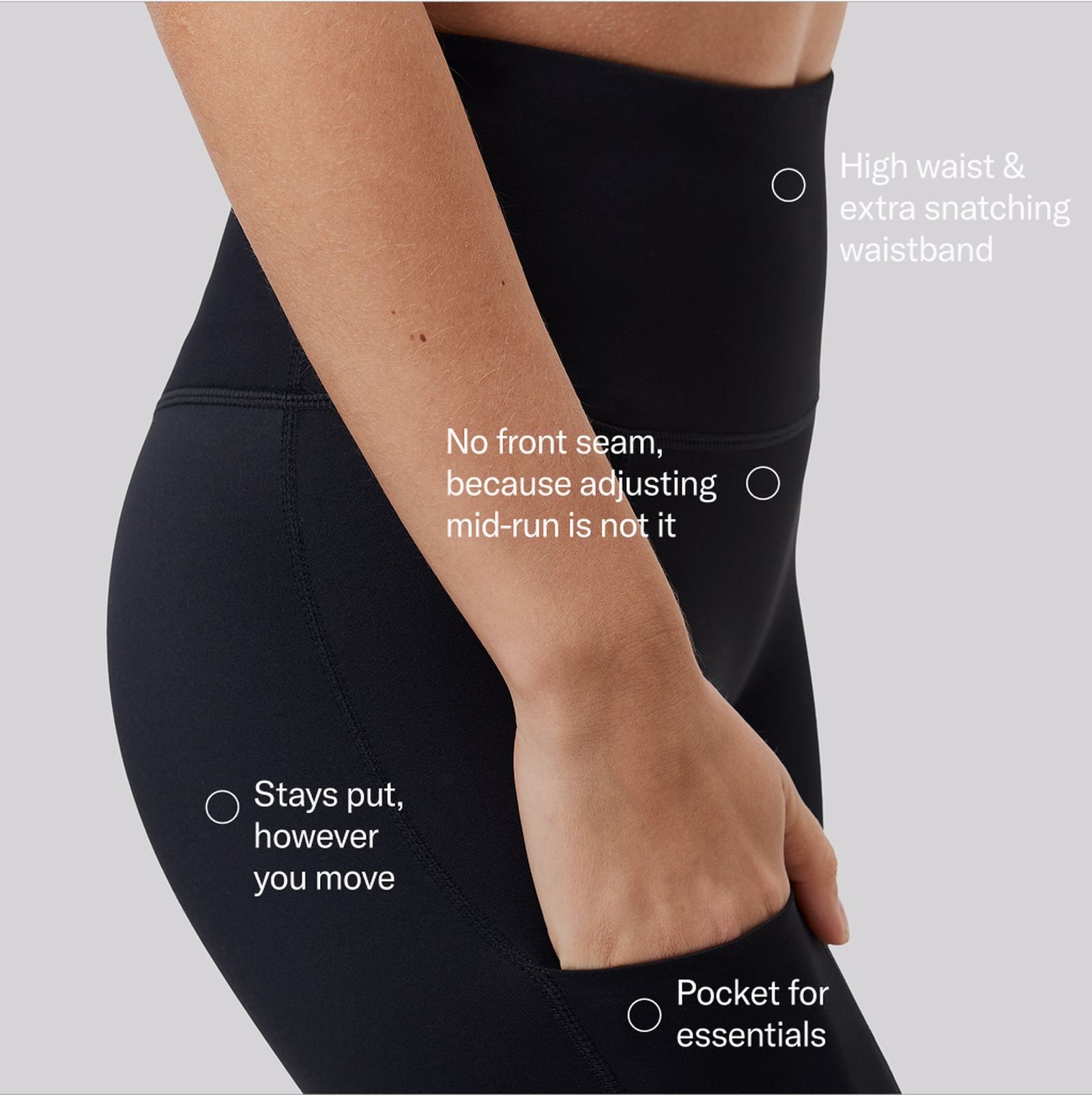 A person wearing black high-waisted leggings with highlighted features: extra snatching waistband, no front seam, pocket for essentials.