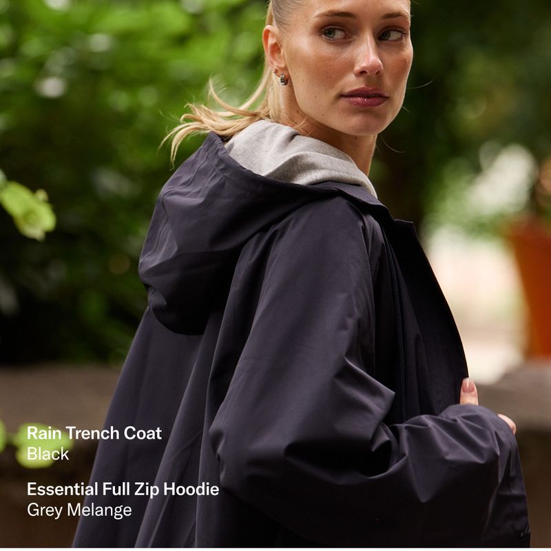 Woman in a black rain trench coat with a grey hoodie underneath, looking over her shoulder outdoors. Text overlay describes the outfit.