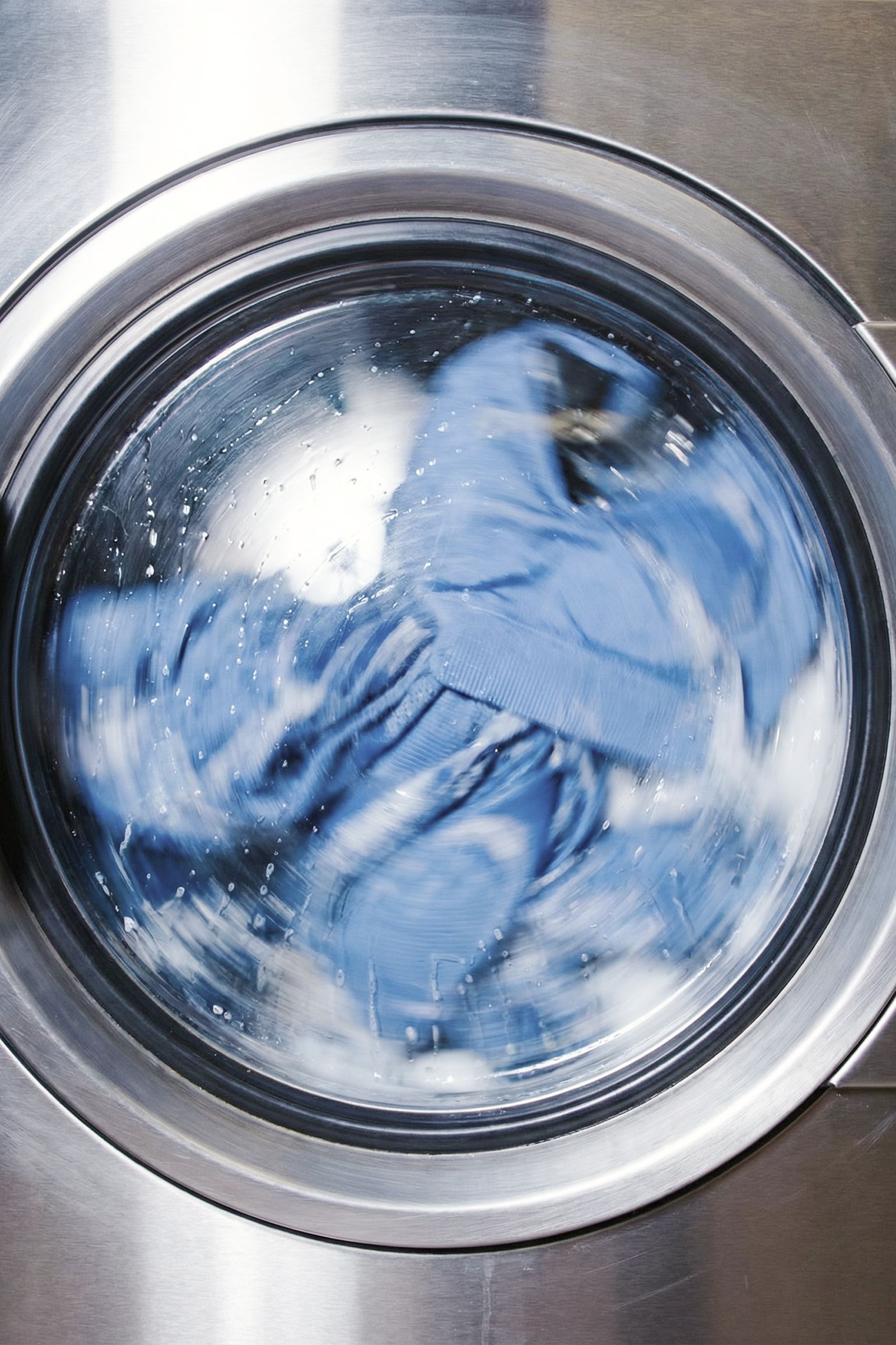 Blue clothes being washed in a stainless steel washing machine, viewed through the circular glass door.