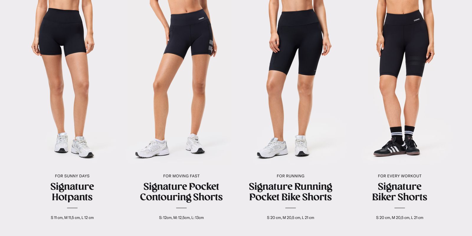 Four models wear different black shorts for various activities, with descriptions and size options below each style.
